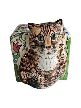 Nina Lyman Ceramic Tabby Cat Tissue Box Cover - Vintage Whimsical Floral Decor